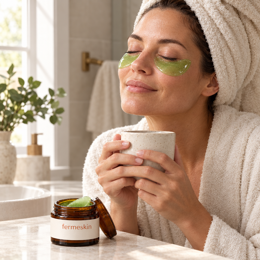 Woman relaxing with aloe eye gels under her eyes