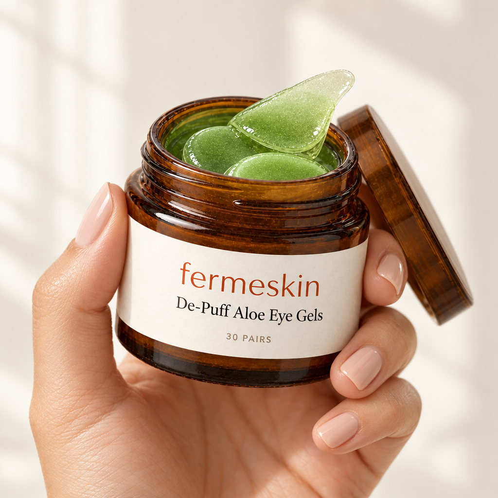 Hand holding the open De-Puff Aloe Eye Gels jar