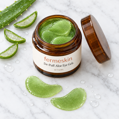 De-Puff Aloe Eye Gels flat lay with fresh aloe