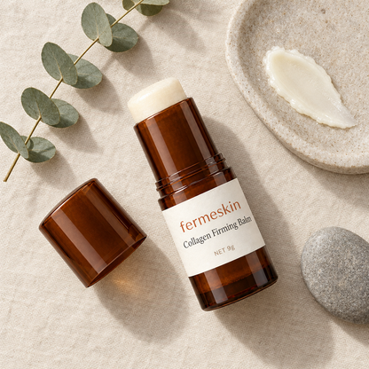 Fermeskin Collagen Firming Balm flat lay with eucalyptus