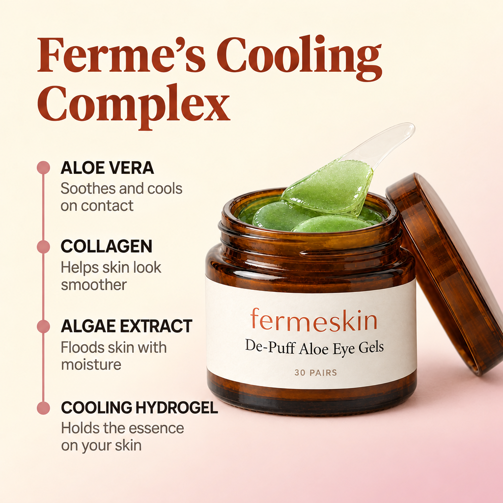 Ferme's Cooling Complex: aloe vera, collagen, algae extract, cooling hydrogel