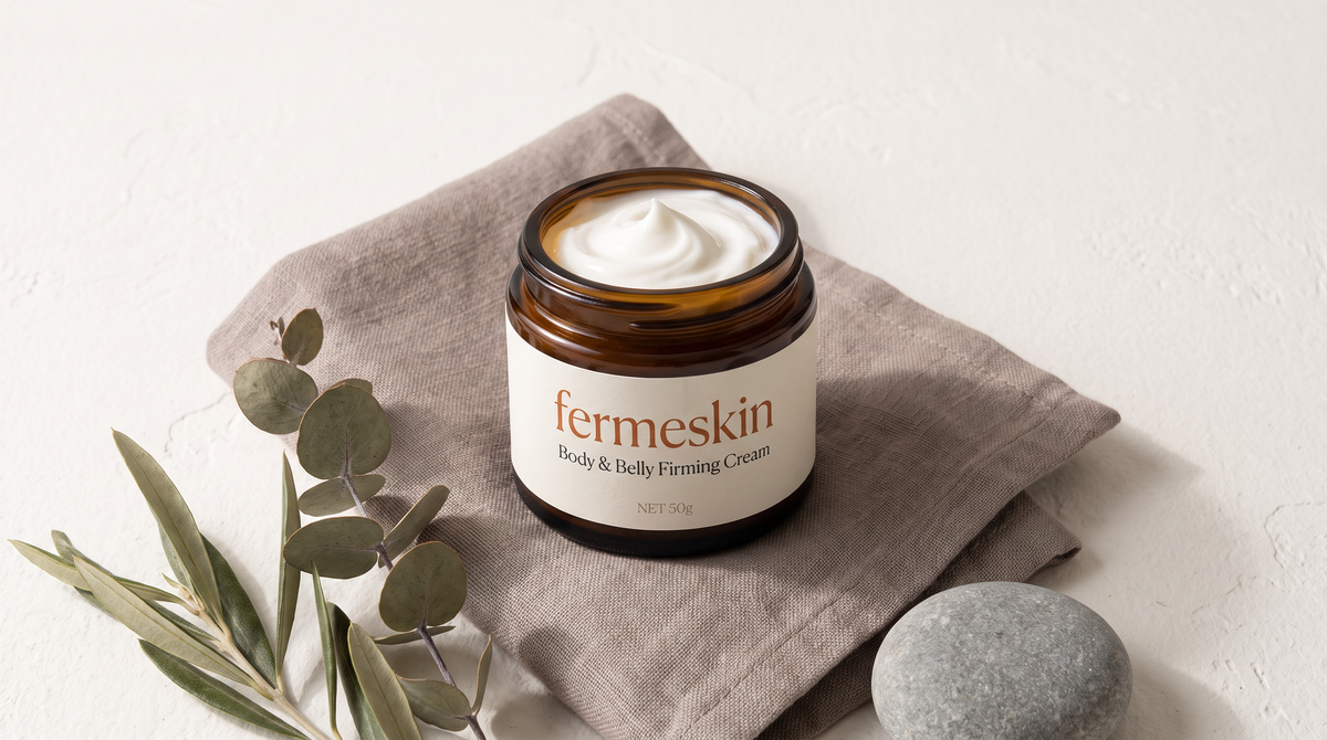 Ferme Body & Belly Firming Cream jar, upright open with cream swirled on top